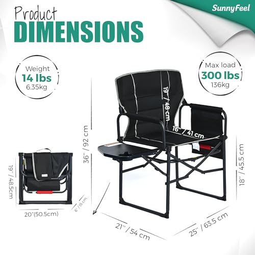 SUNNYFEEL Oversized Camping Directors Chair 2 Pack, Portable Folding Lawn Chairs for Adults Heavy Duty with Side Table,Pocket for Beach, Fishing