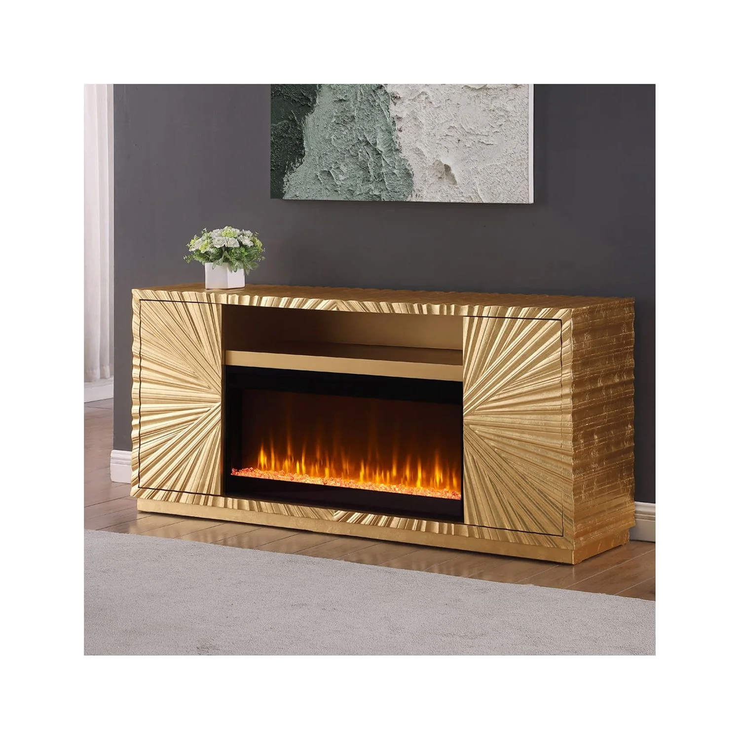 Lacy Freestanding Infrared Electric Fireplace TV Stand in Metallic Gold