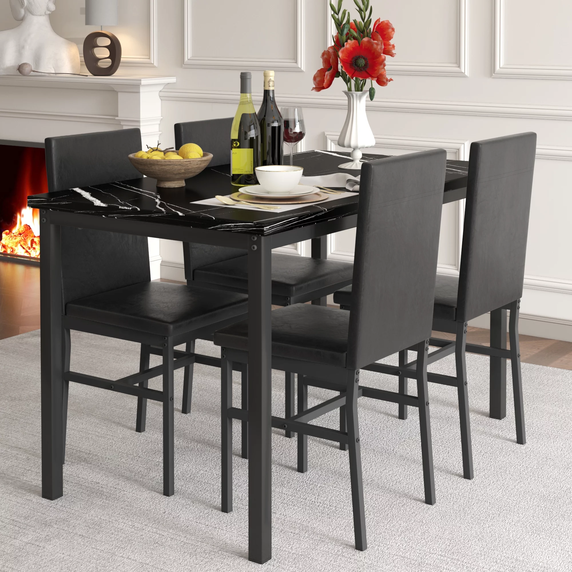 Dining Set for 4, 5-Piece Modern Dining Table and Chairs Set, Marble Top Table with 4 Leather Chairs for Kitchen Dining Room Living Room