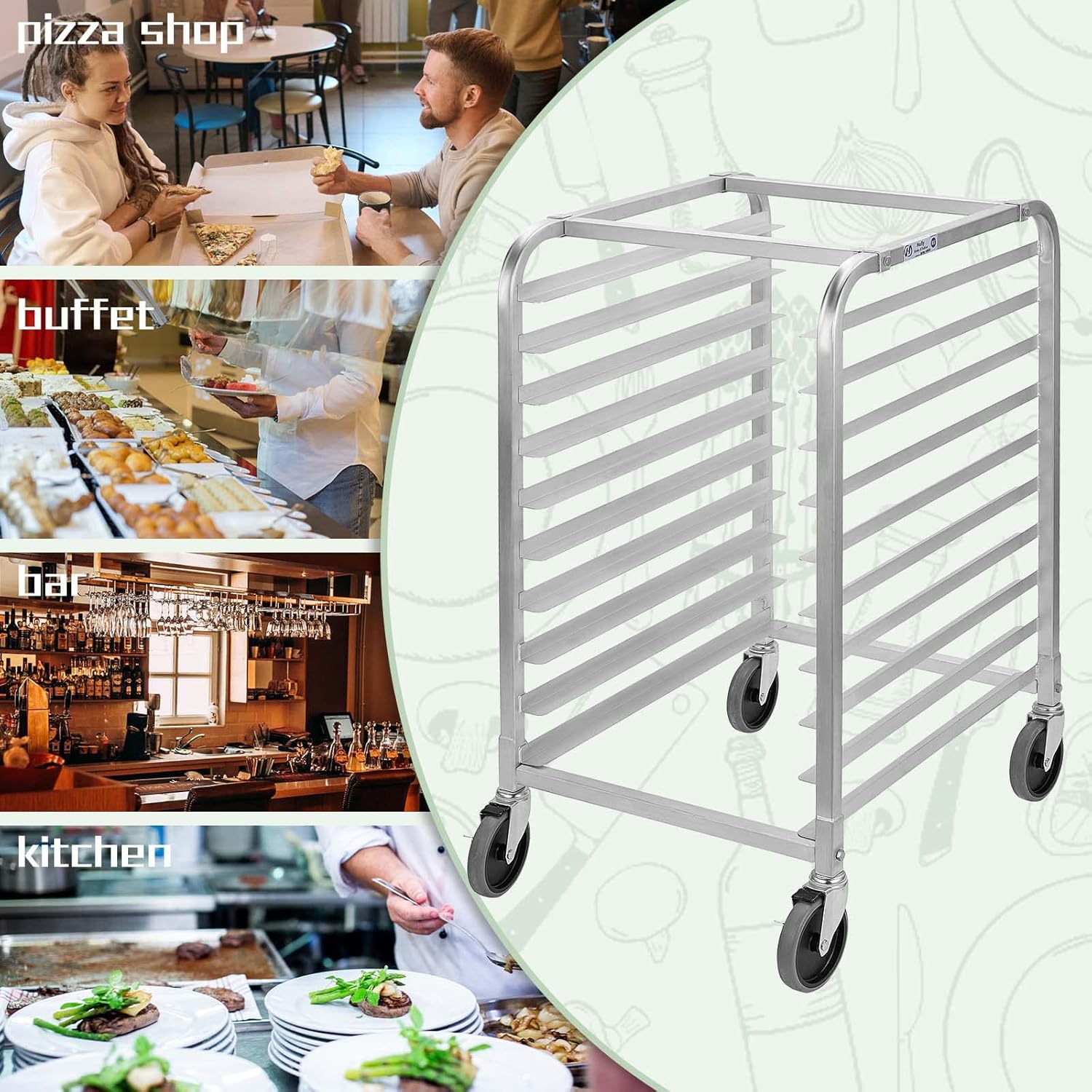 Bun Pan Rack 10 Tier with Wheels, Commercial Bakery Racking of Aluminum for Full & Half Sheet - Kitchen, Restaurant, Cafeteria, Pizzeria