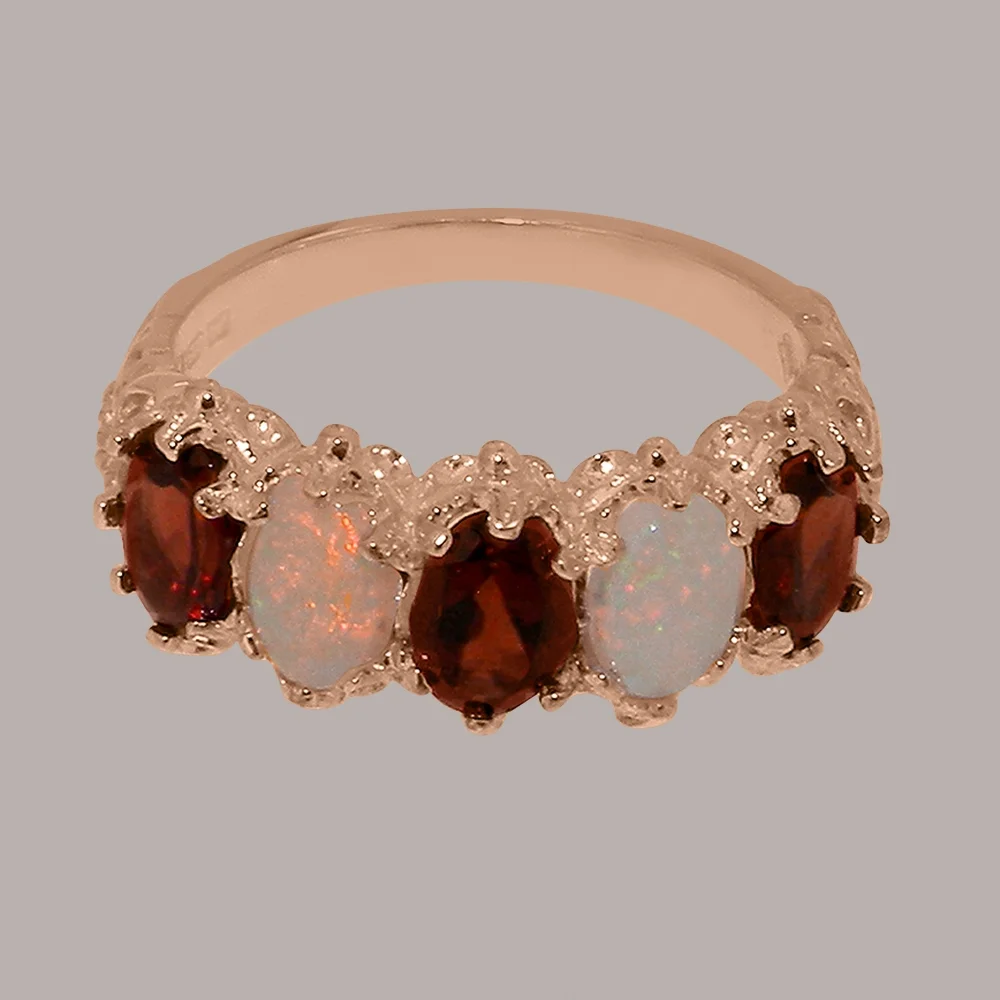 LBG British Made 14k Rose Gold Natural Garnet & Opal Womens Eternity Ring - 33 size options - Size 10