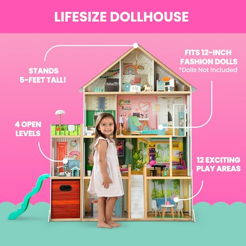 Delta Children Deluxe Maui Dollhouse - Large 4-Story Dollhouse with 12 Rooms Includes 50 Accessories - Working Elevator, Wave Slide, Lights/Sounds