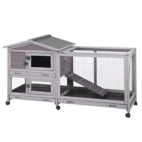 Aivituvin Rabbit Hutch 93.7" Large Rabbit Cage Indoor Outdoor Guinea Pig Cage Chicken Coop on Wheels Bunny Cage with 4 Deep No Leakage Pull Out Tray