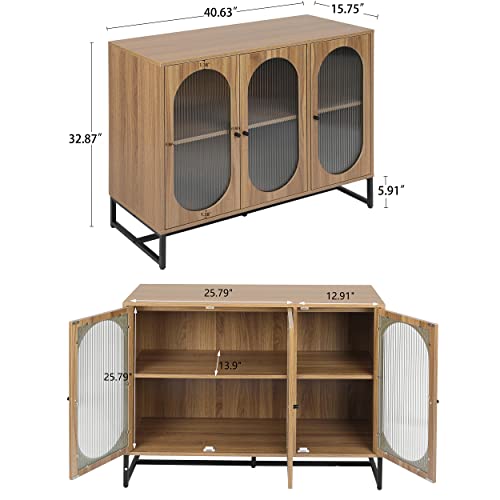 Henf Sideboard Buffet Cabinet with 3 Fluted Glass Doors, Modern Wood Kitchen Storage Cabinet Sideboard w/Height-Adjustable Shelf