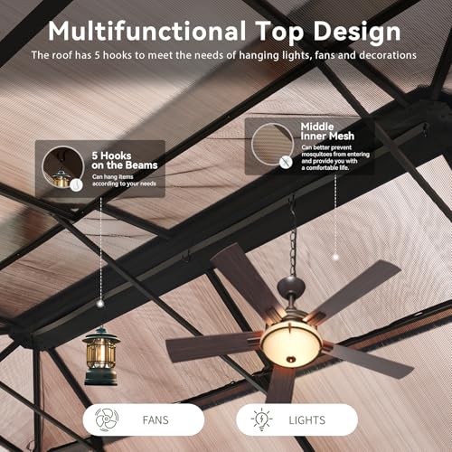 Aoxun 12'x16' Hardtop Gazebo, Aluminum Frame Permanent Pavilion with Netting and Curtains, Outdoor Polycarbonate Double Roof Canopy