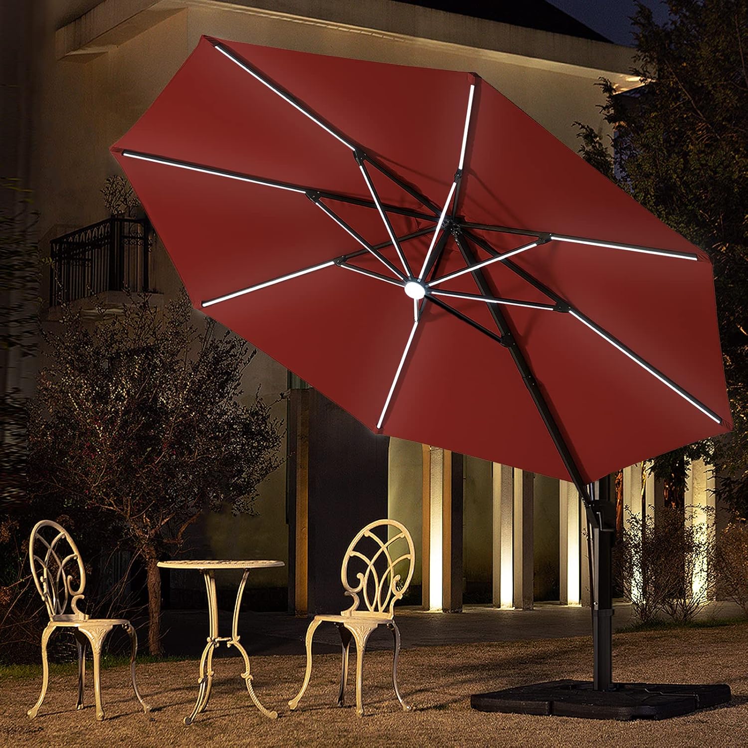 BLUU 10 FT Solar Cantilever Umbrella LED Patio Outdoor Umbrella Aluminum Offset Umbrella with 14 Strip Lights and Center light