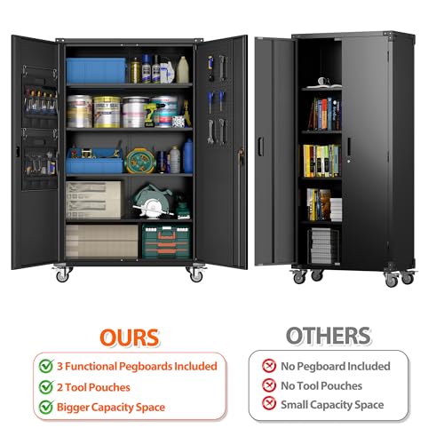 Aobabo 71" H×32" W×16" D Metal Storage Cabinet with Wheels, Garage Steel Storage Cabinet with 5 Adjustable Shelves and 4 Hooks for Home Office