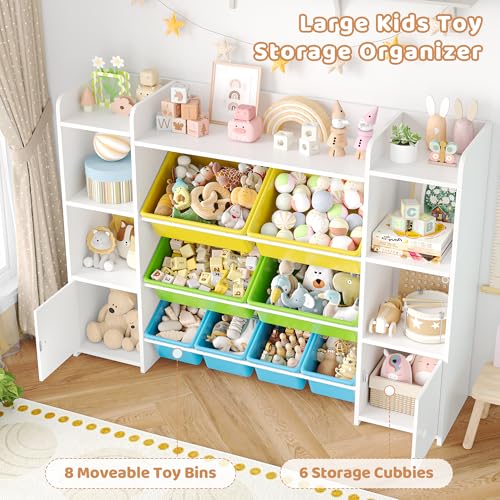 FOTOSOK 55''Large Toy Storage Organizer with 8 Toy Bins, Toy Organizers and Storage with Shelf and 6 Storage Cubbies, Bookshelf for Kids