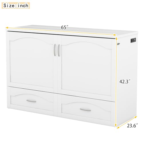 Queen Size Murphy Wall Bed with Storage, Bookcase Headboard, Solid Wood Cabinets, Shelves, Drawers and USB Ports