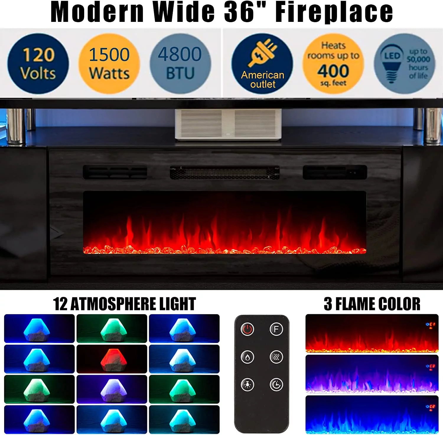 Amerlife Fireplace TV Stand with 36" Fireplace, 70" Modern High Gloss Entertainment Center LED Lights, 2 Tier TV Console Cabinet for TVs Up to 80"