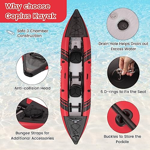 Goplus Inflatable Kayak, 2-person Kayak Set for Adults with 507 LBS Weight Capacity, 2 Aluminium Oars, EVA Padded Seat, 2 Fins, Hand Pump, Carry Bag