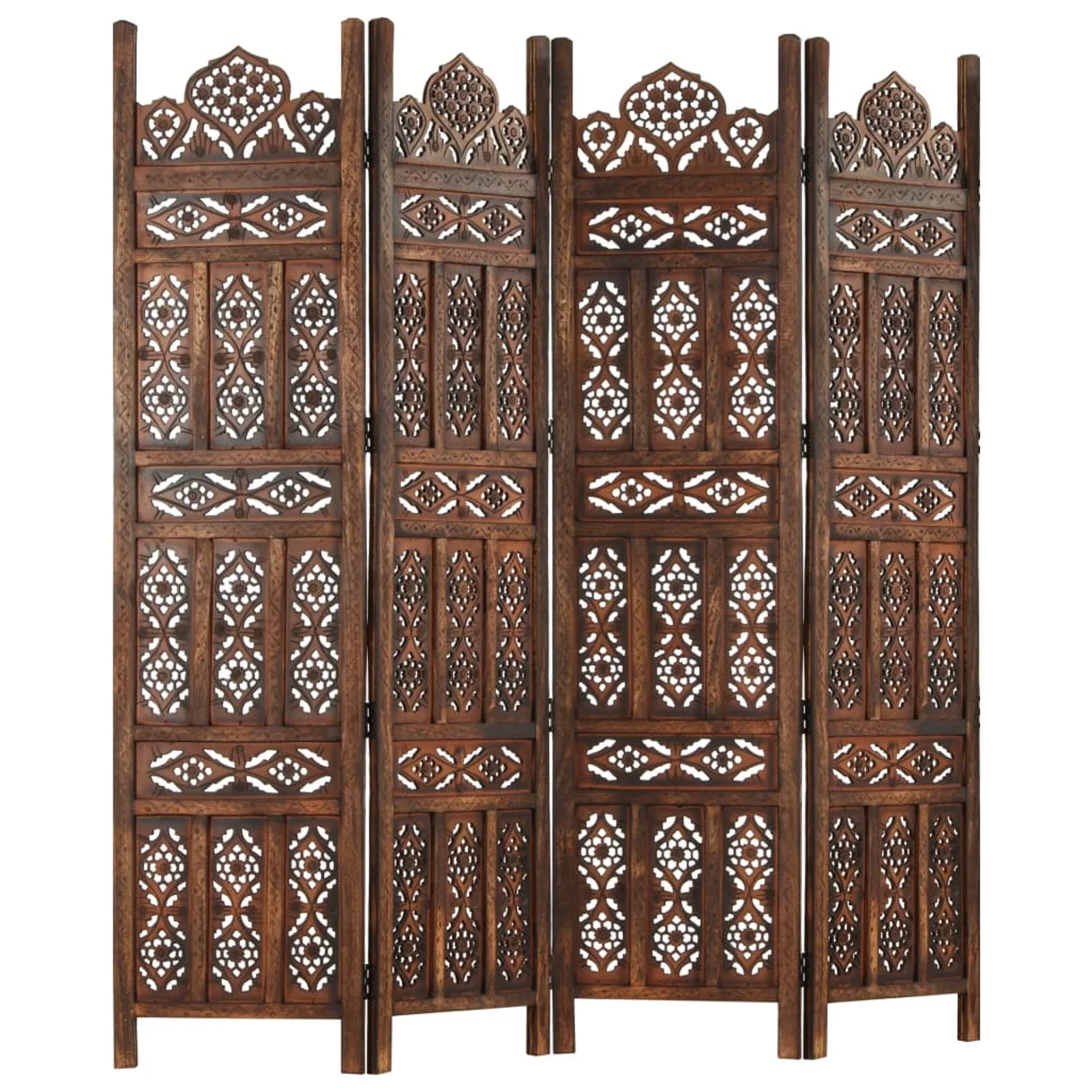 Anself Hand Carved 4-Panel Room Divider Freestanding Room Partition Panel Folding Screen Mango Wood Brown for Bedroom, Bathroom, Living Room