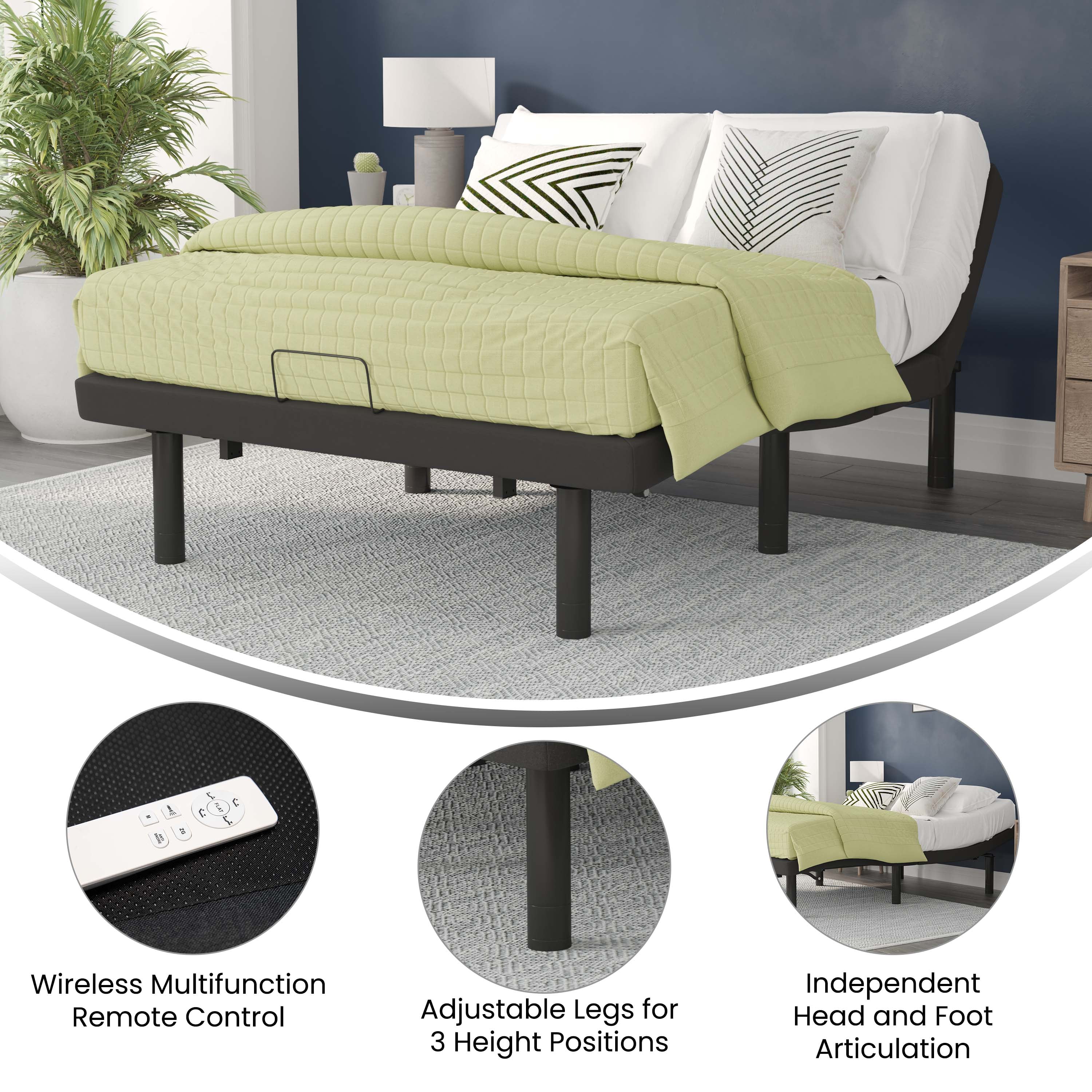 Merrick Lane Twin XL Adjustable Bed Frame with Wireless Remote and Dual Head & Foot Incline, Anti-Snore & Zero Gravity Presets-Black
