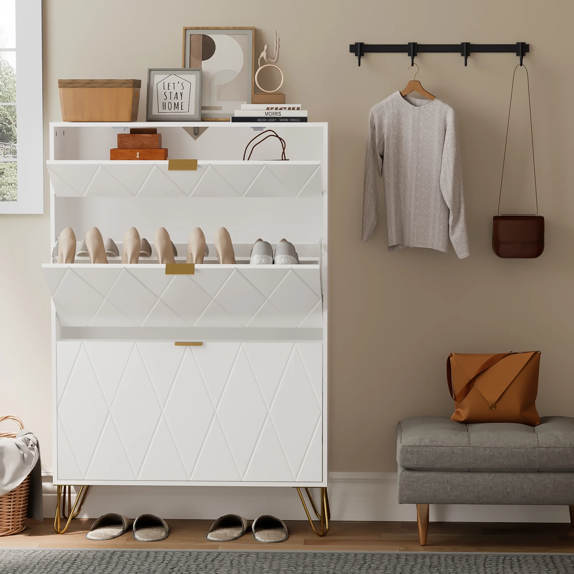 Eclife Entryway Furniture Shoe Cabinet Flip Down Drawers, Slim Tall Shoe Rack Storage Organizer, White, 32"W x 9"D x 47"H