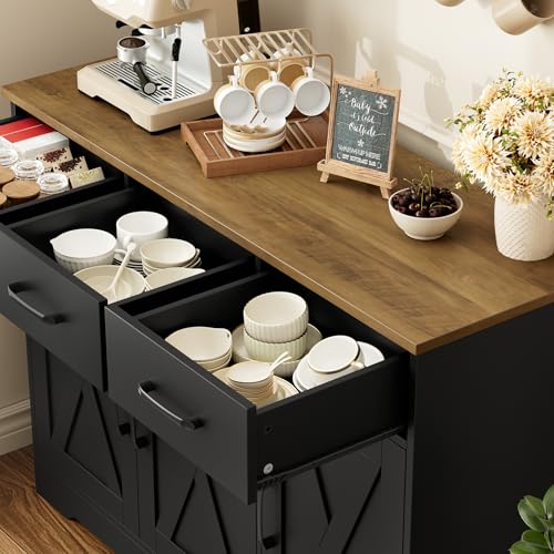 HOSTACK Modern Farmhouse Sideboard Buffet Cabinet, Barn Doors Buffet Storage Cabinet with Drawers and Shelves