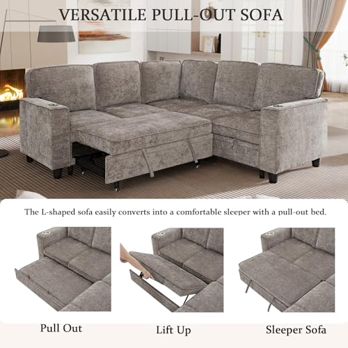 L-Shaped Pull Out Sleep Sofabed,Modern Reversible Sleeper Sectional Sofa Chenille Upholstered Button Tufted Decor with Storage Chaise