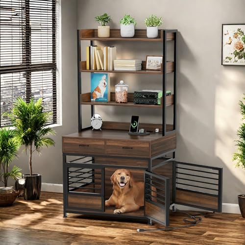 YITAHOME 39 Inch Dog Crate Furniture with Storage Shelves, Wooden Dog Crate for Large Dogs with Power Outlets