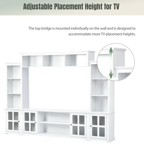 Minimalism Style Entertainment Wall Unit with Bridge, Modern TV Console Table for TVs Up to 70", Multifunctional TV Stand with Tempered Glass Door