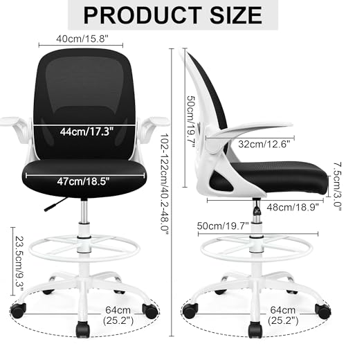 Primy Drafting Chair Tall Office Chair with Flip-up Armrests Executive Ergonomic Computer Standing Desk Chair with Lumbar Support and Adjustable