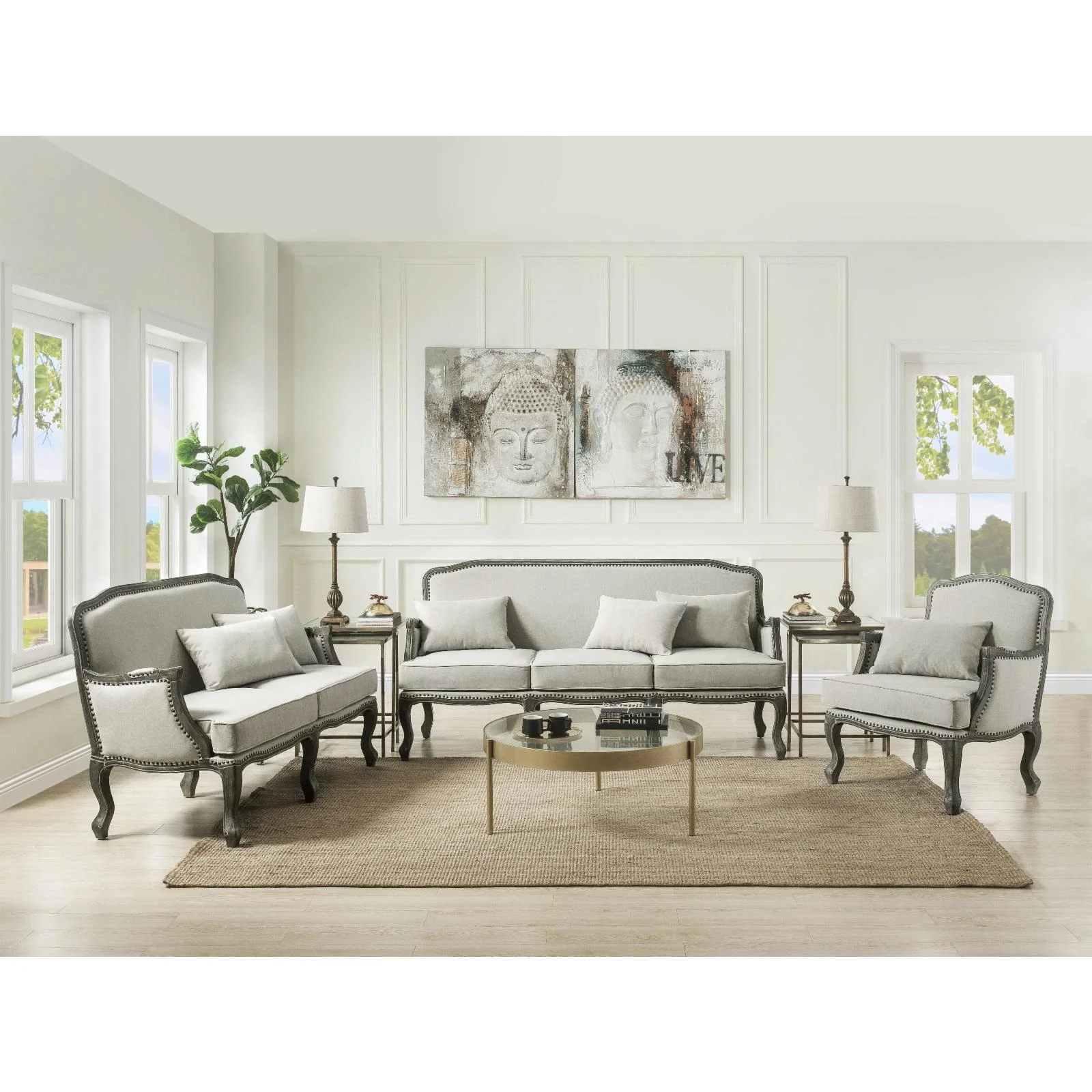 ACME Tania Upholstery Sofa with 3 Pillows in Cream Linen Fabric and Brown