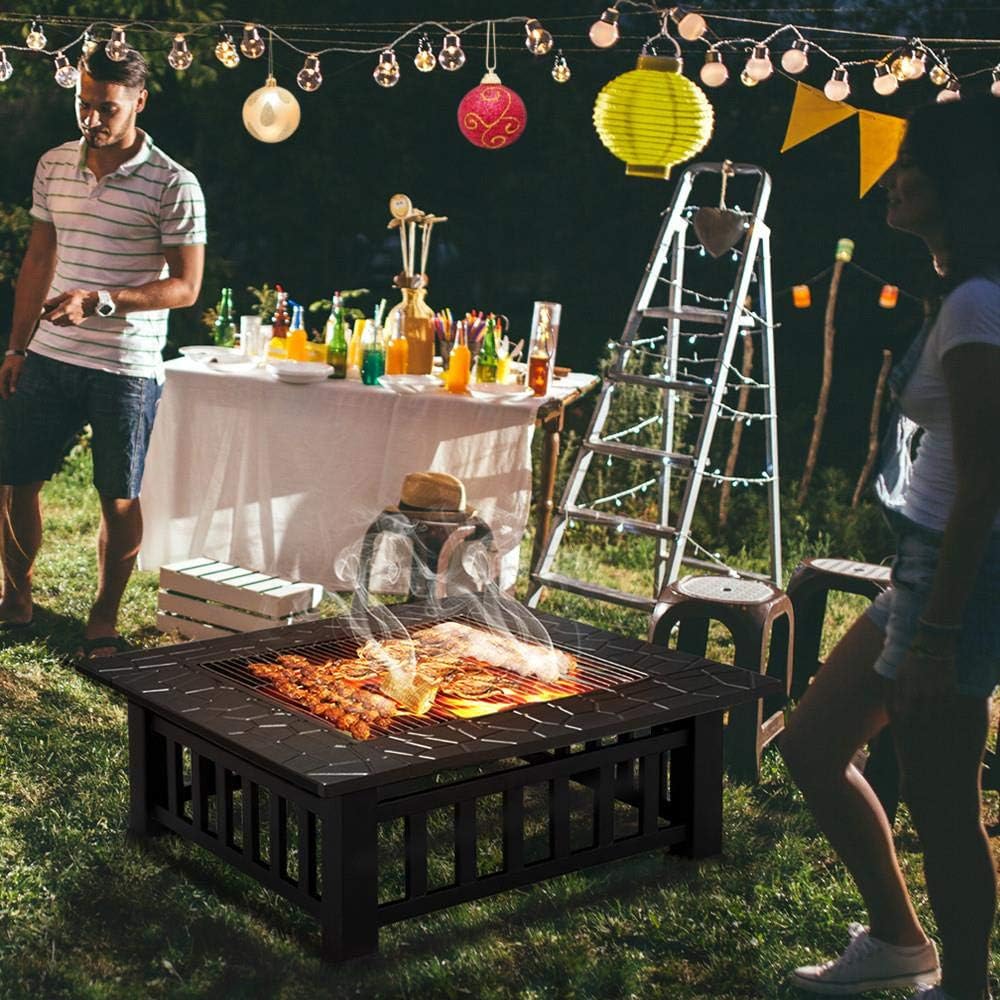 Yaheetech Multifunctional Fire Pit Table 32in Square Metal Firepit Stove Backyard Patio Garden Fireplace for Camping, Outdoor Heating