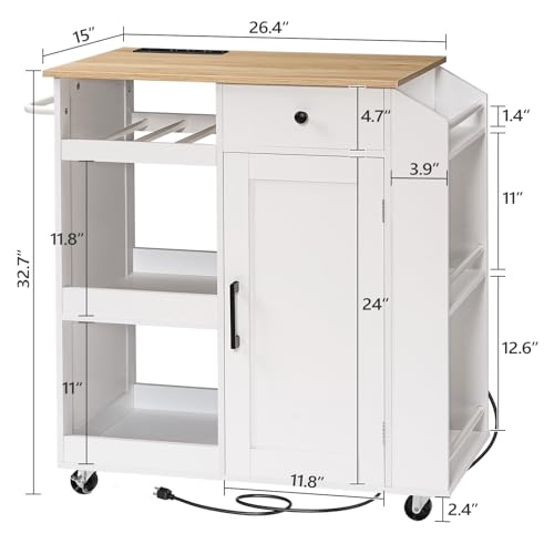 Kitchen Island with Power Outlet, Kitchen Storage Island with Drawer, Rolling Kitchen Cart on Wheels, Spice Rack, Towel Rack, Wine Rack