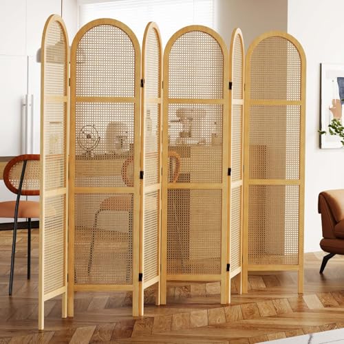 Room Divider and Folding Privacy Screens, Pine Wood 5.6 Ft Double Hinged Rattan Partition Freestanding Wall Room Divider for Home - 3 Panels
