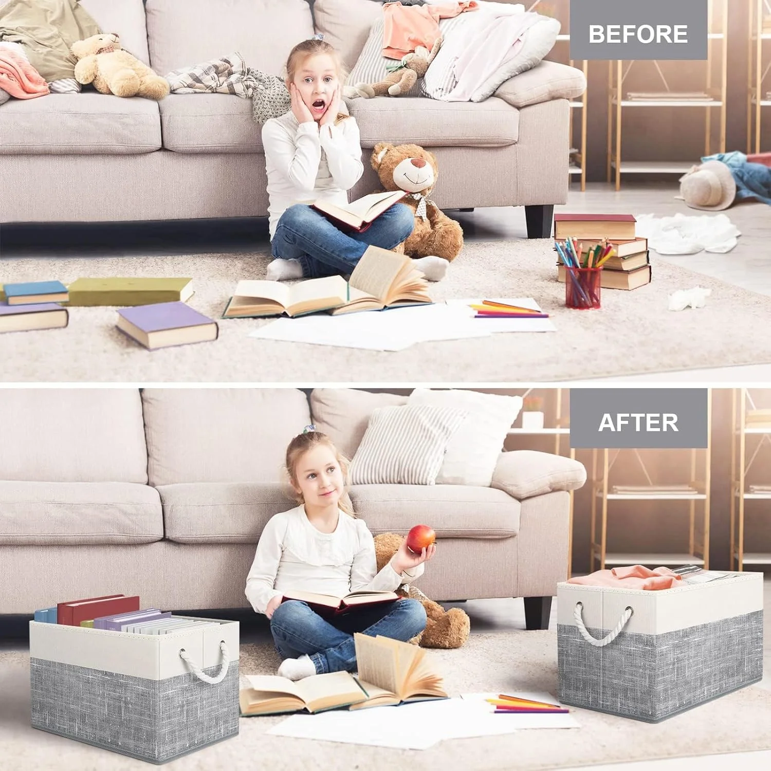 Storage Bins , Foldable Storage Baskets for Organizing Toys, Books, Shelves, Closet, Large Storage Box with Rope Handles, Sturdy Organizer Bins