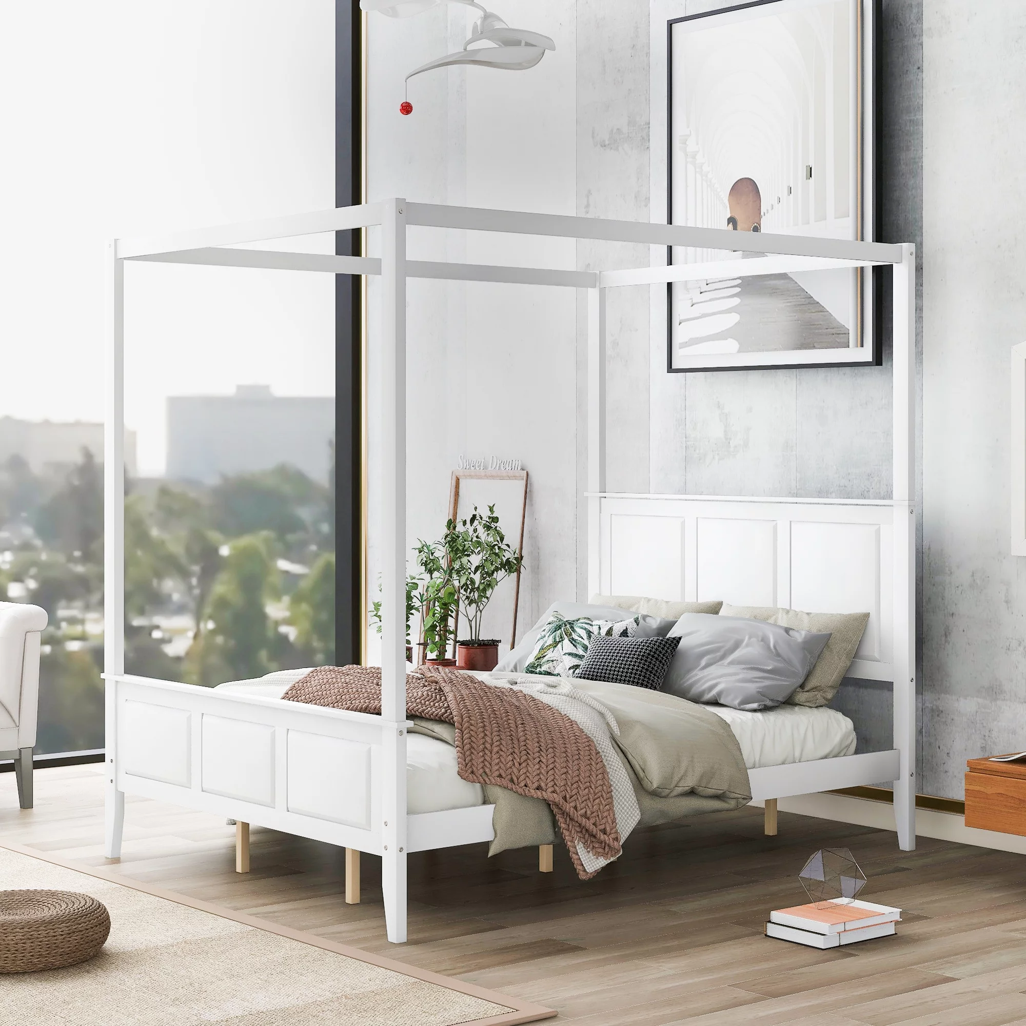 Euroco Wood Queen Size Canopy Platform Bed with Four Support Legs for Kids Teens Adults, White