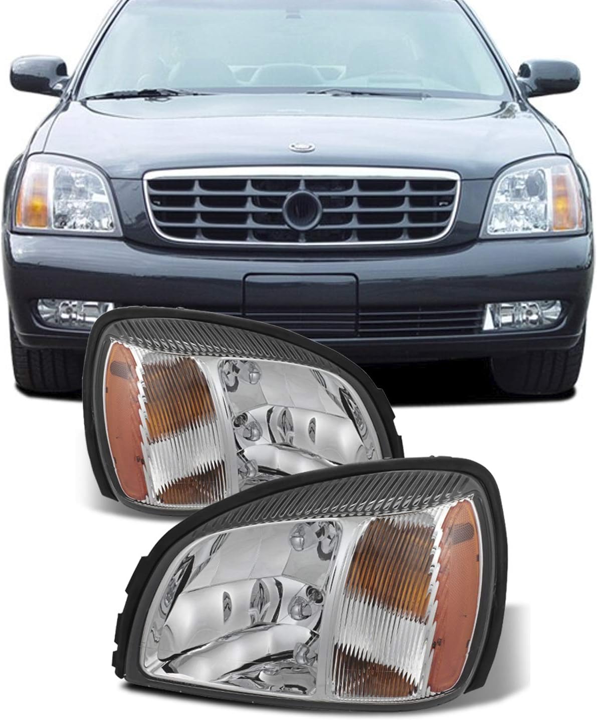 AKKON - Chrome [OE Style] Headlights Fits 2000-2005 Cadillac Deville 4Door Pair Driver + Passenger w/Amber Side Replacement