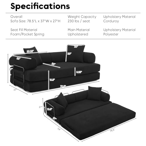 Convertible Sleeper Sofa Bed with Cylindrical Pillow, Corduroy Folding Mattress Couch with Fixed-Shape Frame