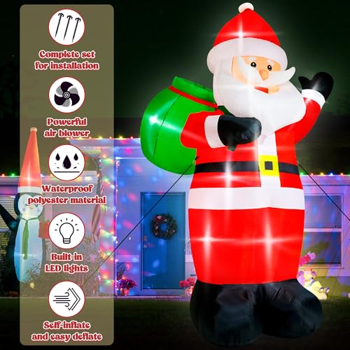 15FT Christmas Inflatables, Giant Inflatable Santa Claus Holding Gift Bags, Blow Up Christmas Santa Claus with 8pcs LED
