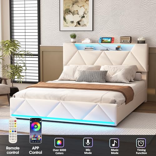 Vabches Queen Bed Frame with Storage Headboard and 4 Drawers,Upholstered Platform with Charging Station and Led Lights,Adjustable Headboard