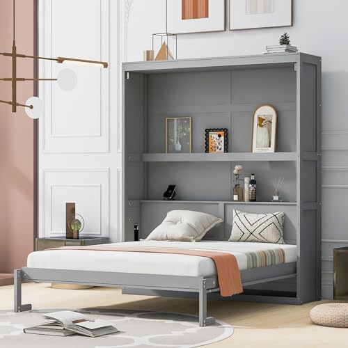 INCLAKE Queen Size Murphy Bed with Storage Shelves, Space-Saving Wooden Wall Bed,Versatile Cabinet Bed Folding Hideaway Bed for Multipurpose Room