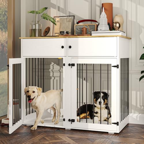 Dog Crate Furniture for 2 Dogs, 41 Inch Double Dog Cage with Removable Divider, Wooden Dog Cage, Dog Kennel Indoor with 2 Doors for Medium/Small Dogs