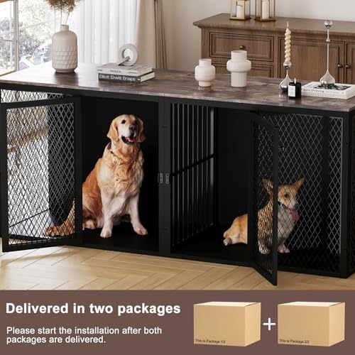 71 Inch Dog Crate Furniture for 2 Dogs, XXL Double Cage with Removable Divider & Large Doors, Heavy Duty Wooden Dog Kennel, Indoor Pet House (Black