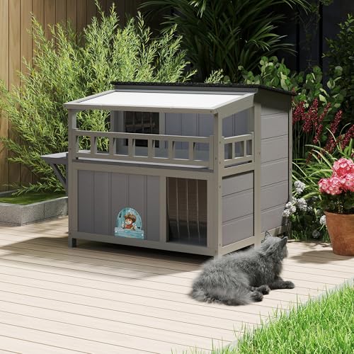 Outdoor Cat House, 2-Tier Warm Wood Cat Shelter with Sunlight Roof, Balcony, Jumping Platforms, Kitty Pet Porch Enclosure, Weatherproof, Openable