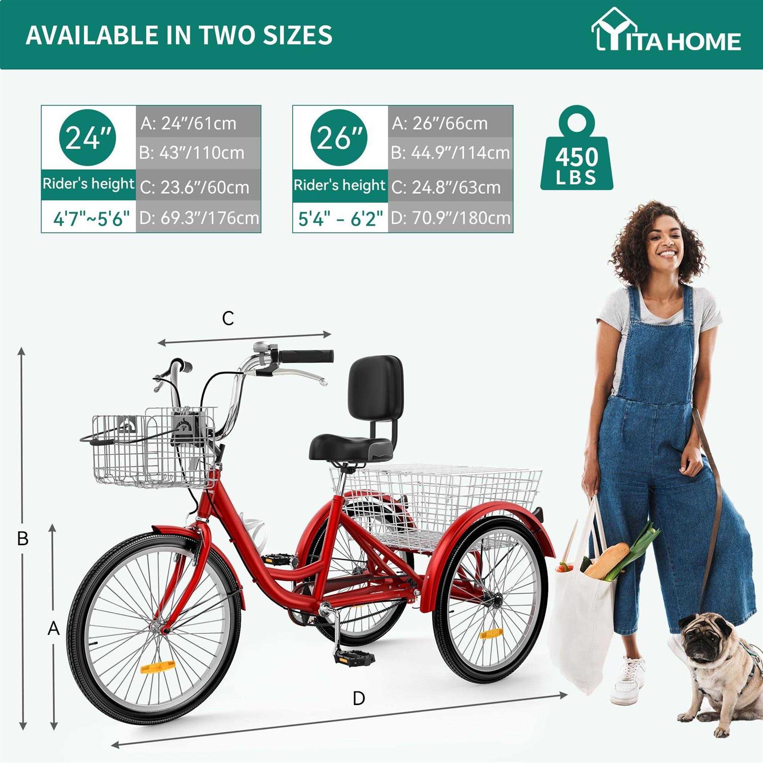 YITAHOME 7 Speed Adult Tricycle 24 &amp; 26 Inch 3 Wheel Bikes Trike Bike for Adults with Removable Baskets - Sports Supplies Online Store