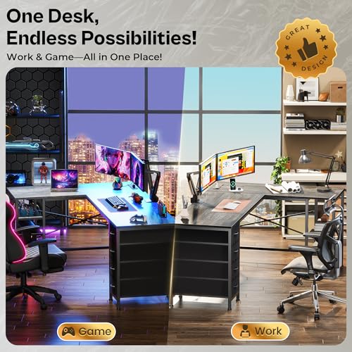 Huuger 63 Inch L Shaped Desk with Fabric Drawers, Reversible Computer Gaming Desk with Power Outlets and USB-C Port, Adjustable Side Storage Shelves