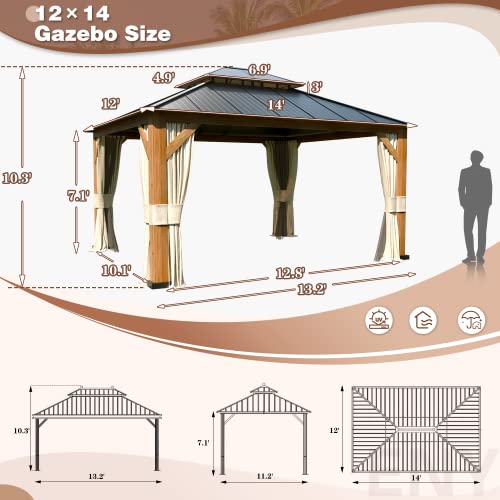EROMMY 12'x20' Hardtop Gazebo Double Roof Galvanized Steel Canopy Outdoor Aluminum Frame Permanent Metal Pavilion with Netting and Curtains for Patio