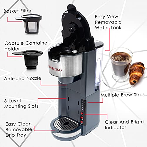 Mixpresso Single Serve Coffee Brewer K-Cup Pods Compatible & Ground Coffee, 30 oz Compact Coffee Maker Single Serve With 5 Brew Sizes Up To 14 Oz