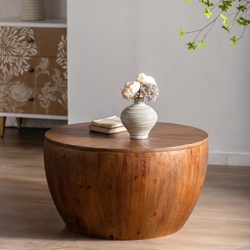 31.50" Farmhouse Wood Round Cofee Table for Living Room - Vintage Style Bucket Shaped Coffee Center Table with Storage Function