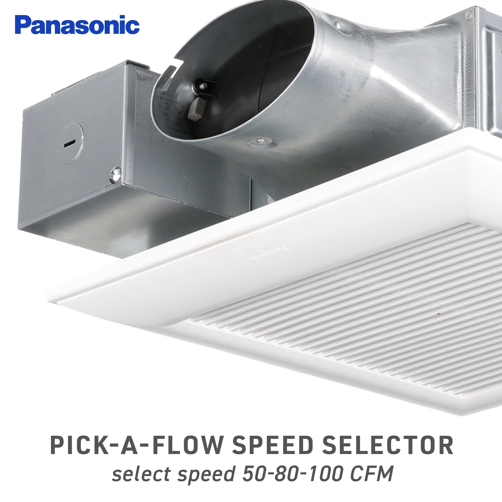 Panasonic WhisperValue DC Pick-a-Flow 50, 80, or 100 CFM Ceiling or Wall, Very Low Profile Exhaust Fan with Condensation Sensor, White