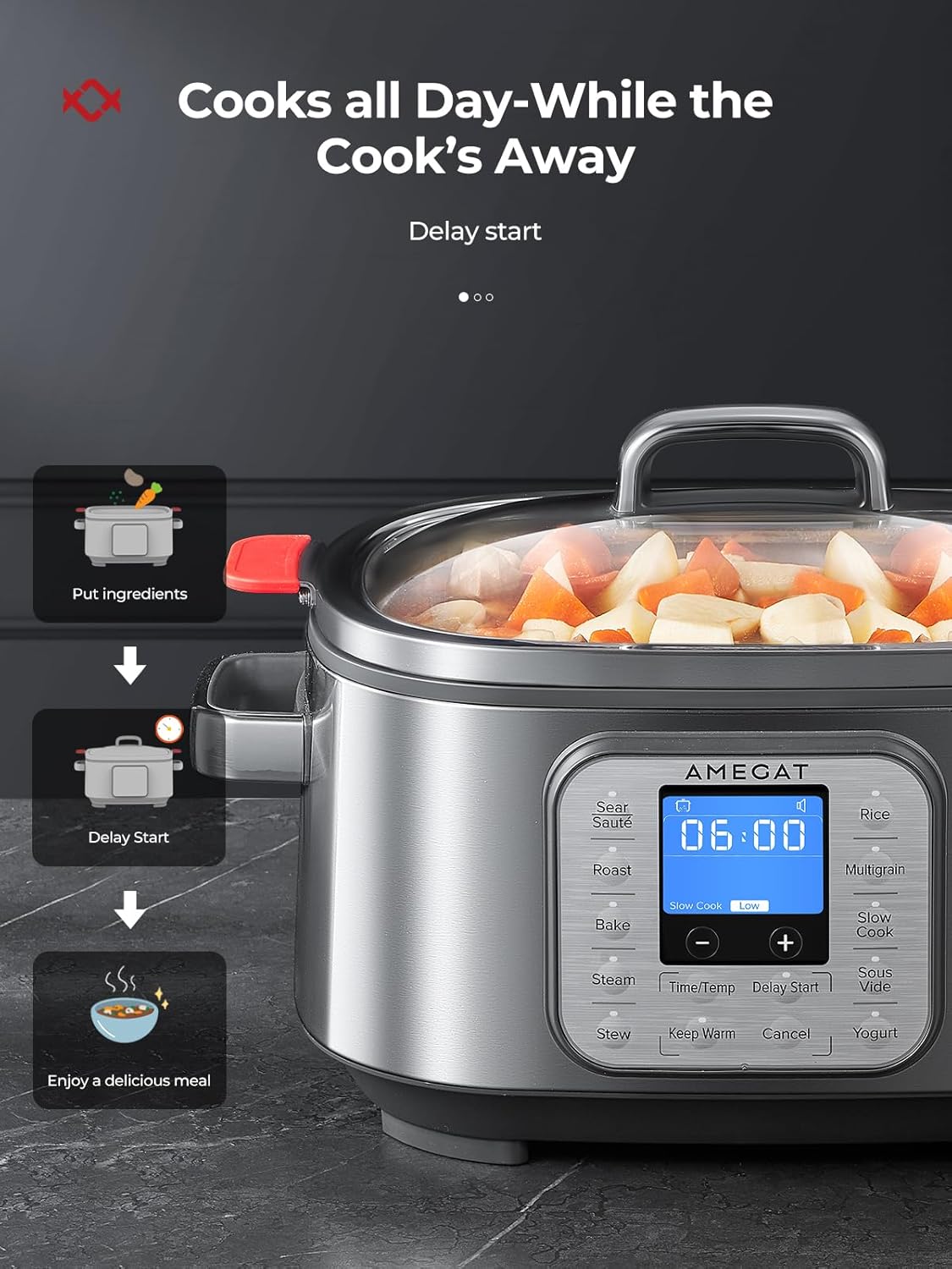 Slow Cooker 6 Quart, 10 in 1 Programmable Cooker, Rice Cooker, Sauté, Steamer & More, Stainless Steel Inner Pot, Steaming Rack & Glass Lid