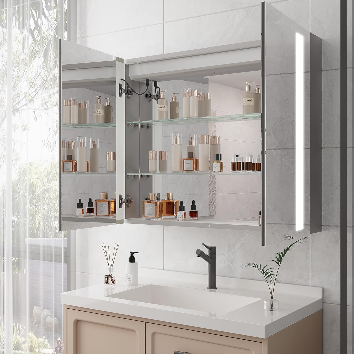 36 x 30 inch Medicine Cabinet with LED Vanity Mirror, Anti-Fog, Dimmable, Recessed or Surface Mount