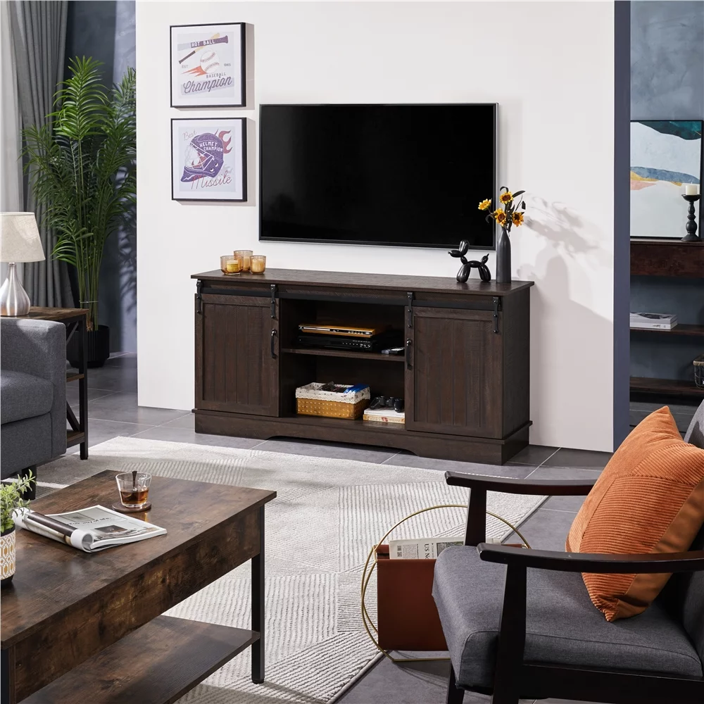 SmileMart Modern TV Stand with Storage Shelves for TVs up to 65 Inch, Rustic Brown