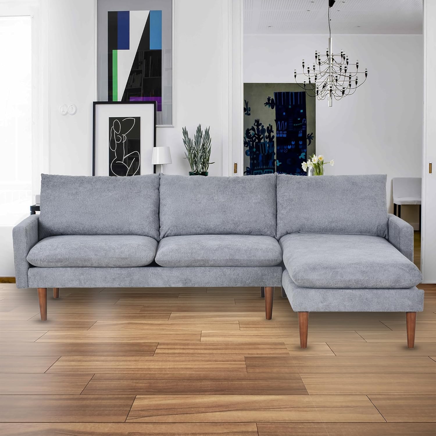 Upholstered Sectional Sofa for Home Apartment Dorm, Bonus Room Compact Spaces w/Chaise Lounge, 3-Seat, L-Shape Design - Grey
