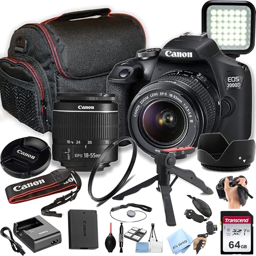 Canon EOS 2000D / Rebel T7 DSLR Camera w/EF-S 18-55mm F/3.5-5.6 Zoom Lens + 64GB Memory, LED Video Light, Case, Gripster Tripod