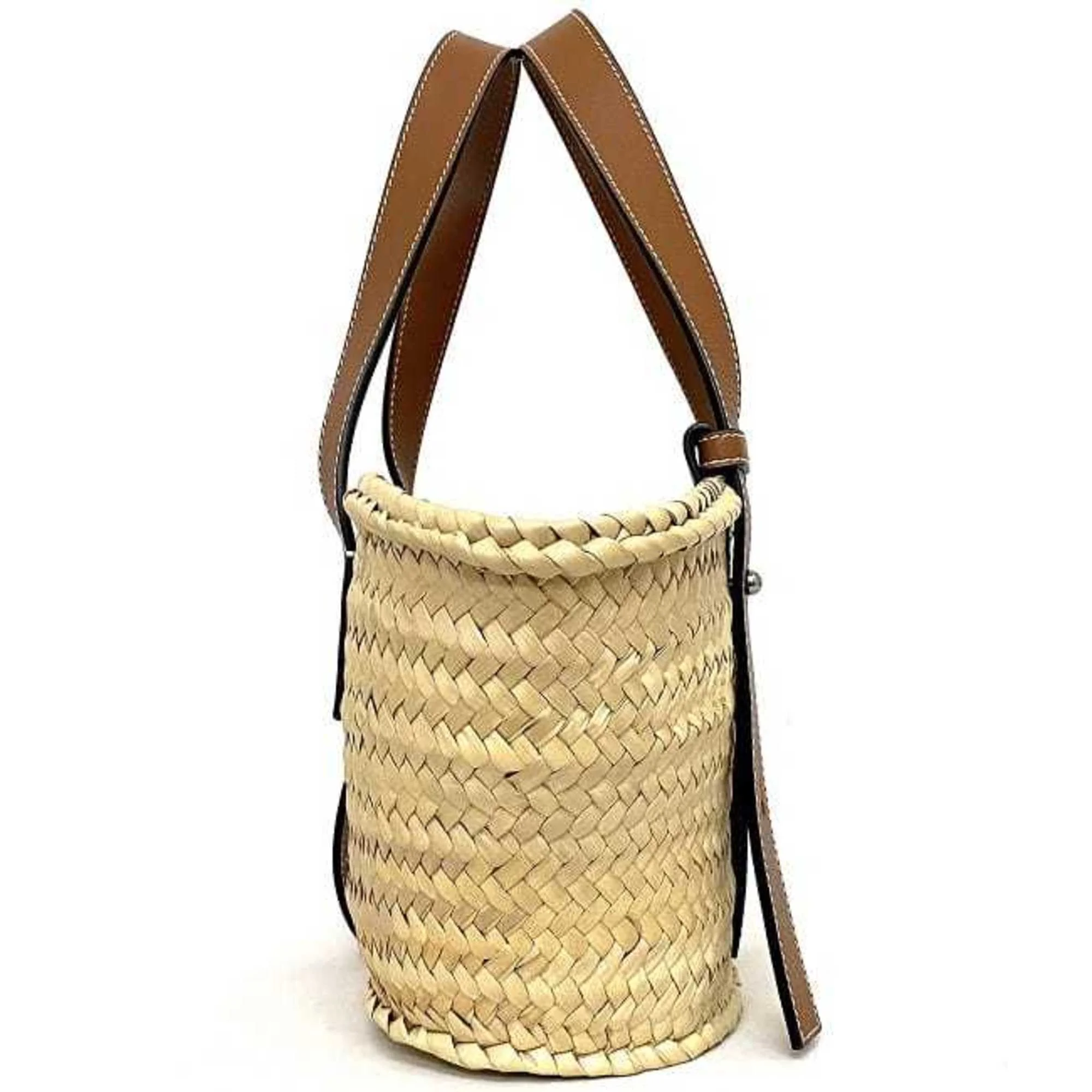 Pre-Owned Loewe Basket Bag Beige Brown Anagram 327.02.S93 Tote Palm Leaf Calf Leather LOEWE Straw Handbag (Good)