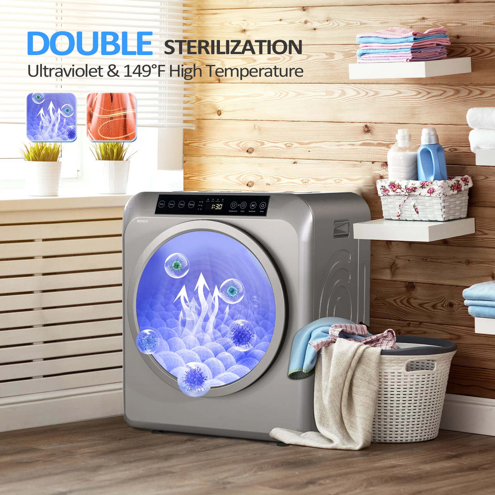 ROVSUN 13.2LB Portable Clothes Dryer, 3.5 Cu.Ft Front Load Laundry Electric Tumble Dryer with LCD Touch Screen, UV Disinfection for Apartment, Home